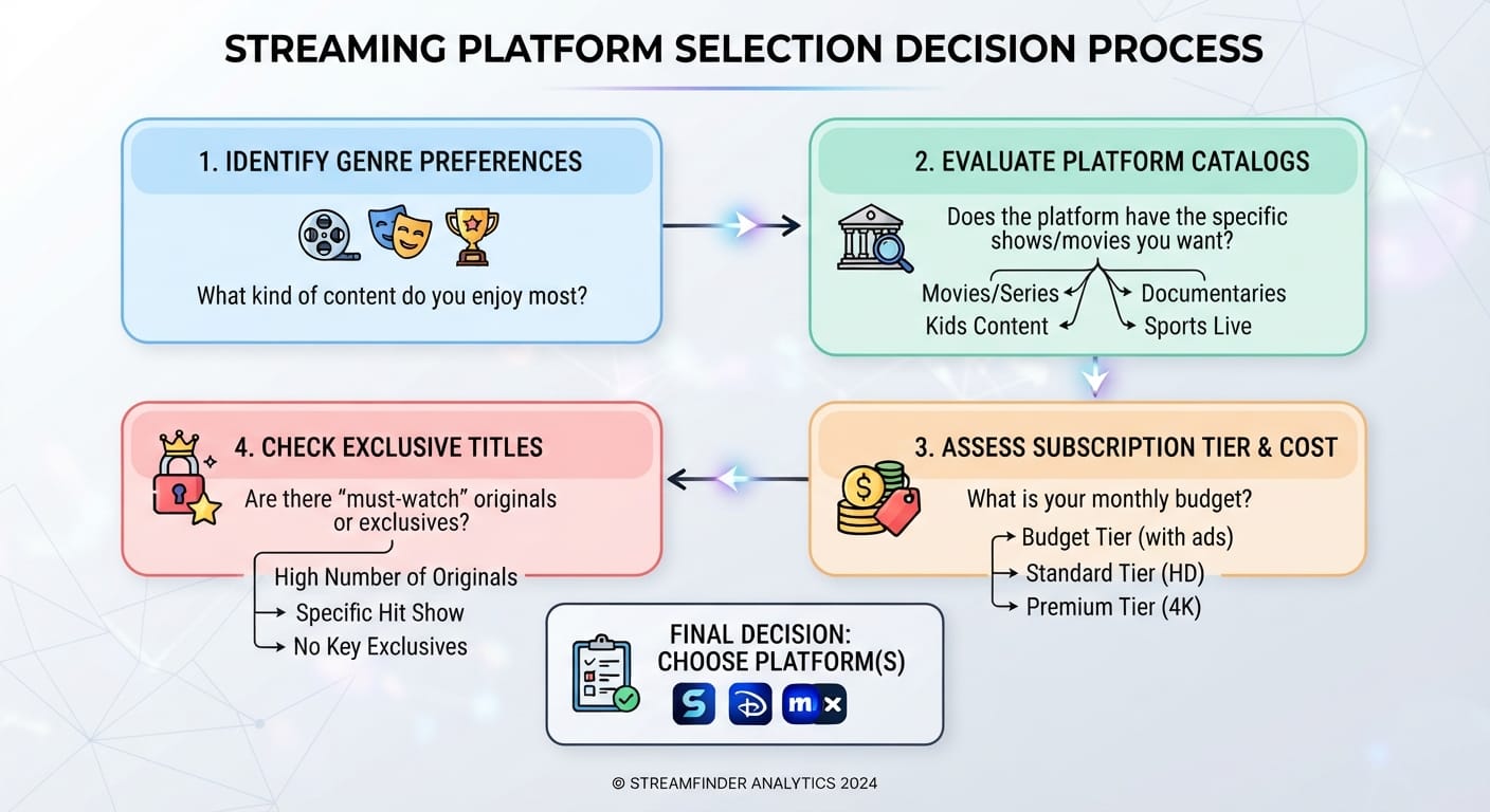 4-step decision flowchart for evaluating OTT streaming platforms by genre and exclusivity.