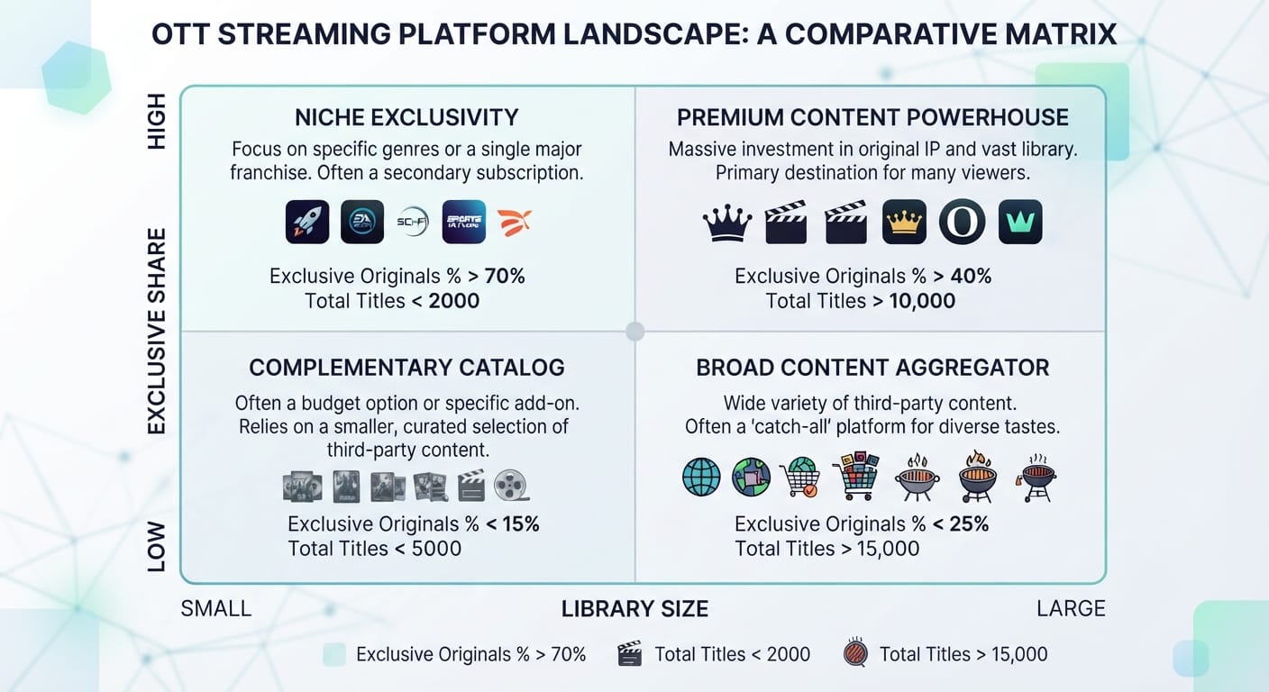 Comparison matrix of streaming library size vs exclusive content share.