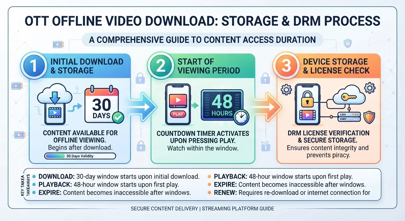 A 3-step process infographic titled "OTT Offline Video Download: Storage & DRM Process" explaining the 30-day initial download storage, the 48-hour viewing period countdown upon clicking play, and DRM license verification for secure playback.