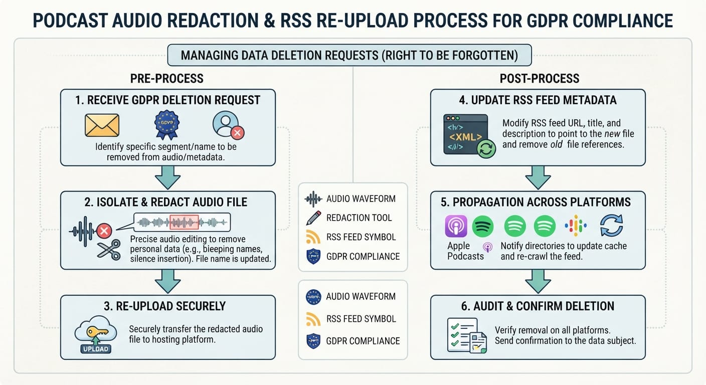 Diagram showing the audio redaction and personal data deletion request workflow under GDPR
