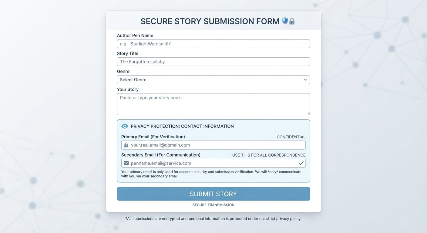 Story submission form interface utilizing a secondary email address for personal data protection