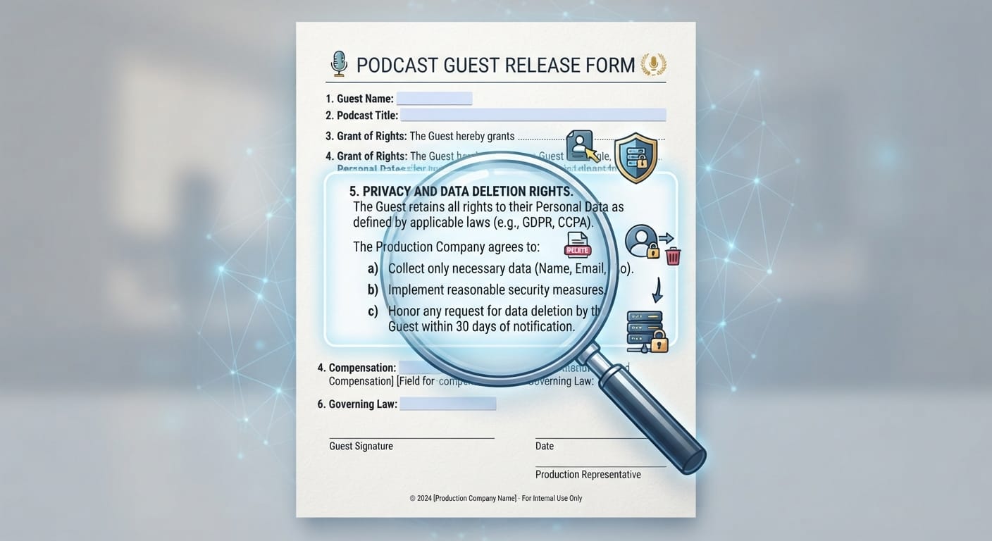 Sample Podcast Guest Release Form agreement featuring privacy protection and data deletion clauses