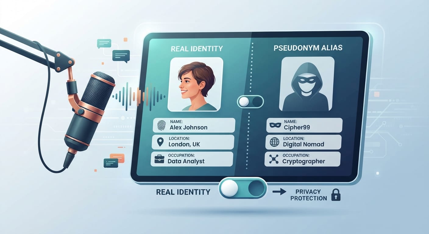 Visual representation of using a pseudonym and protecting identity during audio broadcasts