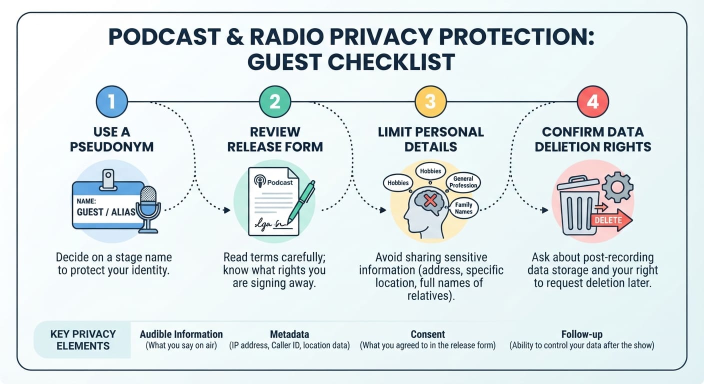 4-step privacy audit flowchart for podcast guests and radio callers