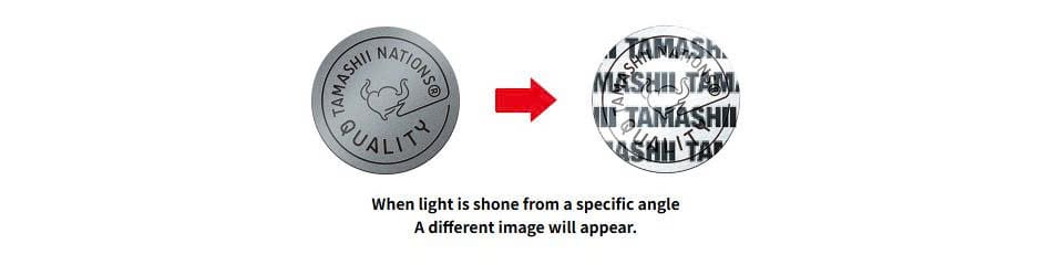 The TAMASHII NATIONS QUALITY seal using anti-counterfeiting technology on authentic merchandise packaging.