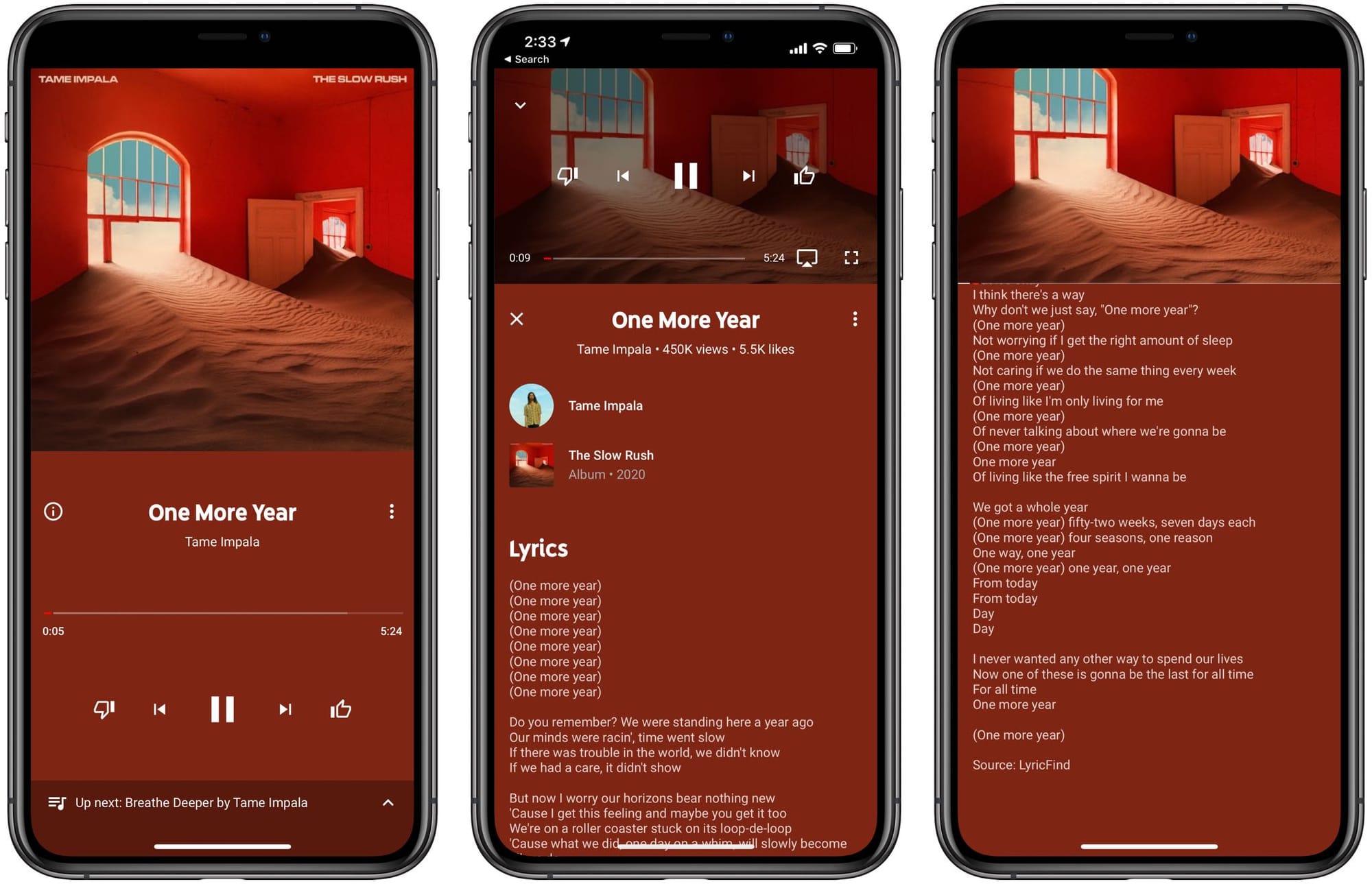 YouTube Music lyrics tab showing time-synced highlighting and the Translate button at the bottom of the screen.