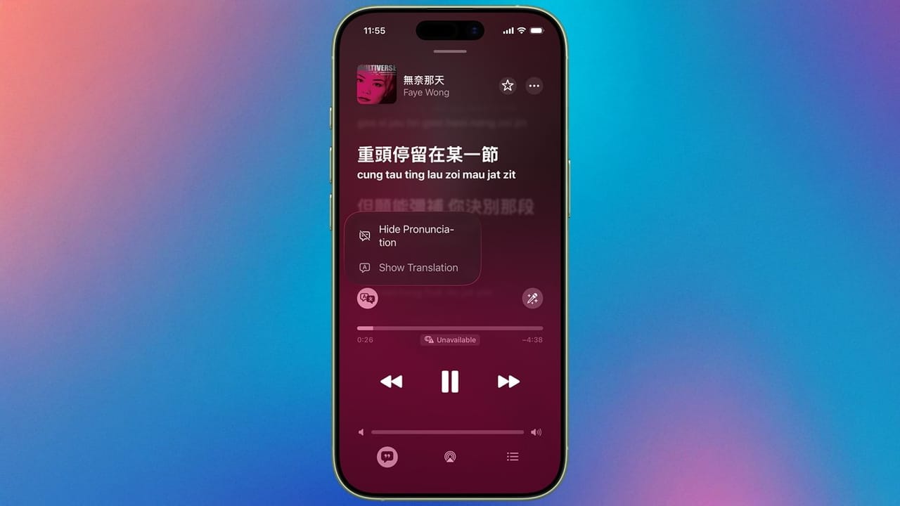 Apple Music displaying time-synced lyrics with line-by-line translations on an iPhone.
